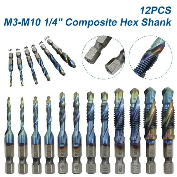 12Pcs M3-M10 Composite Hex Shank Hss Metric Screw Thread Blue Tap Drill Bits Set