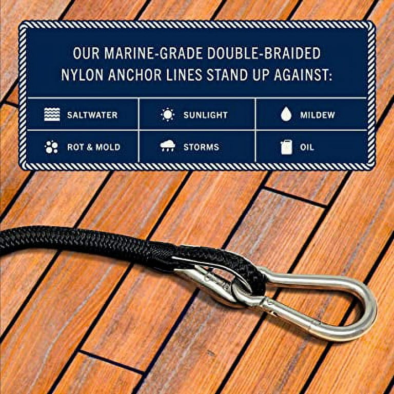 Rainier Supply Co - 50' x 3/8 Double Braided Nylon Anchor Rope with 316SS  Thimble and Snap Hook - Black