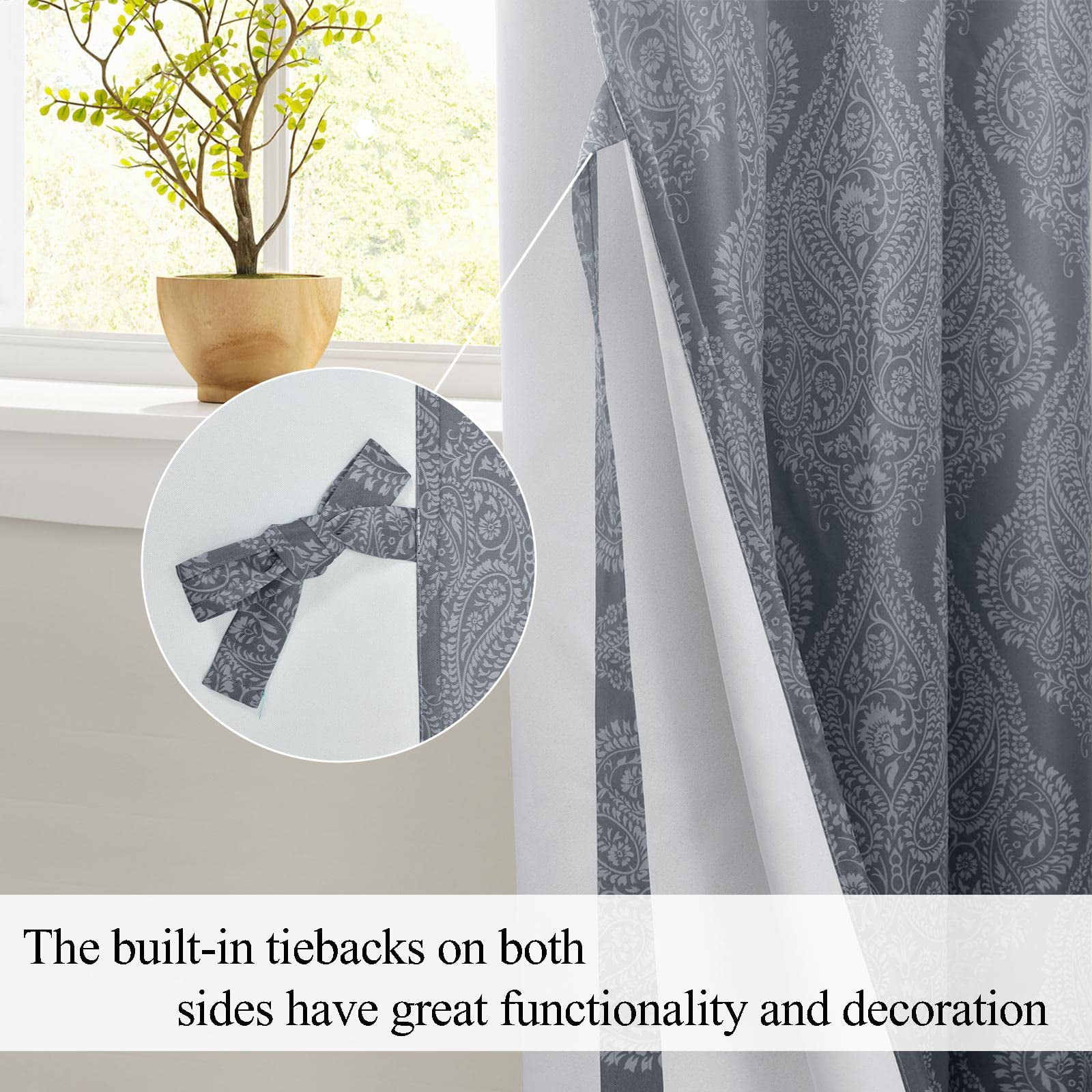 DWCN Ombre Blackout Curtains–Damask Patterned Thermal Insulated Noise Reducing Grommet Curtains for Bedroom Living Room, 52 x 84 Inches, Set of 2 Panels with Tiebacks, Grey