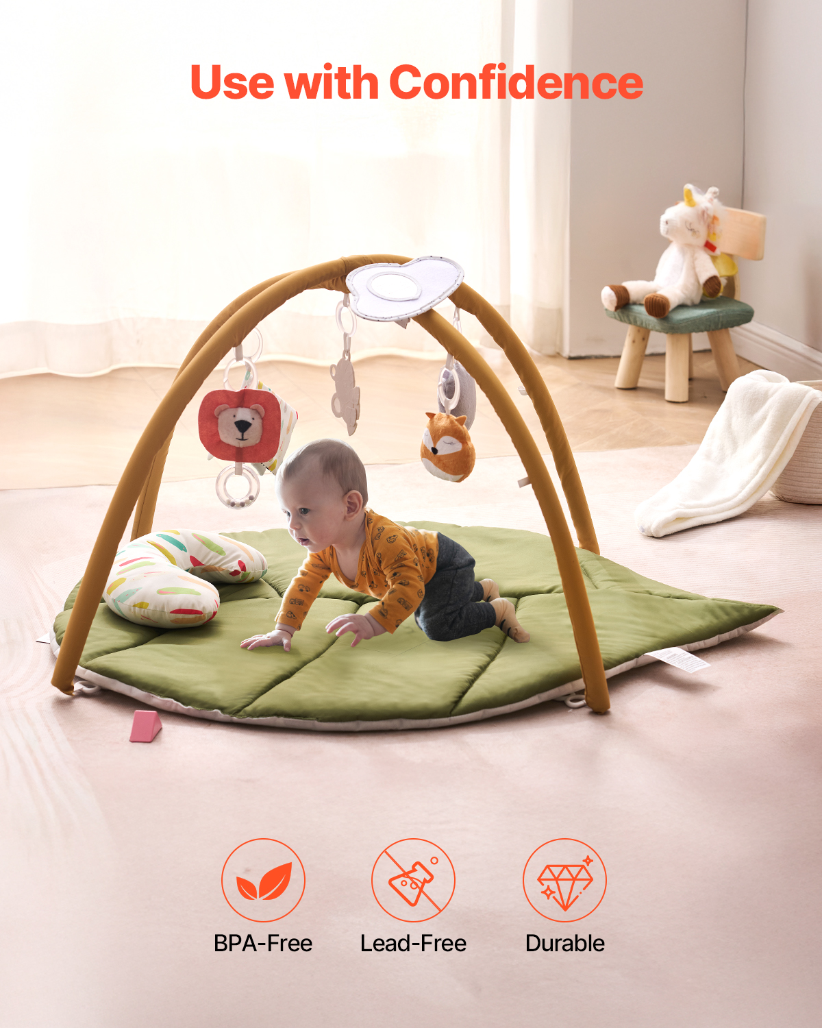 VEVOR Baby Play Gym Mat, Baby Activity Mat with 6 Sensory Toys, Oversize Leaf-Shaped Tummy Time Mat for 0-18 Months Newborn Infant, Baby Essential Gift for Motor Skills & Early Cognitive Development