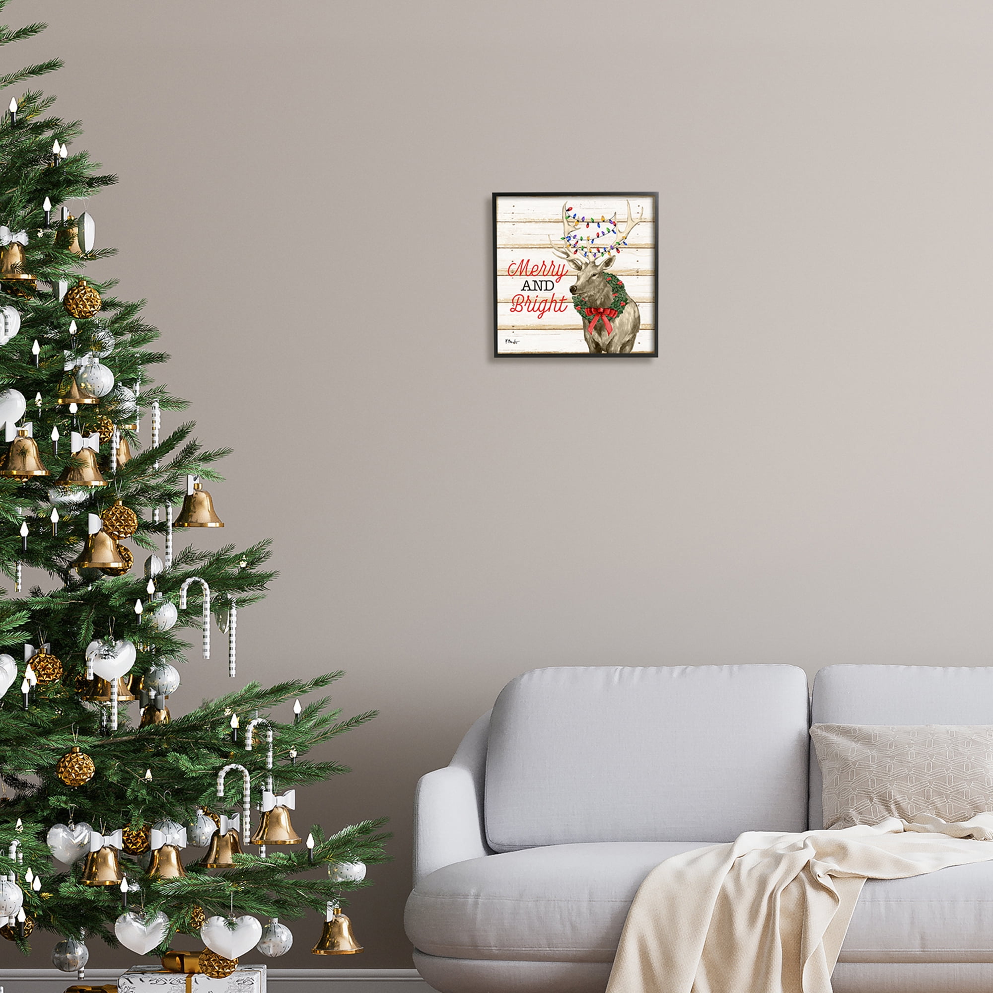 Stupell Industries Merry & Bright Deer Holiday Painting Black Framed Art Print Wall Art, 12 x 12