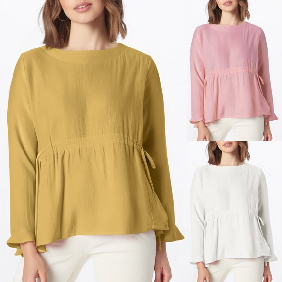 lcziwo Womens Causal Shirt Cotton Linen Long Sleeve Shirts Solid Color Reffle T Shirt Summer Vacation tops White S