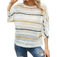 thumbnail image 3 of HUBERY Women Striped Color Block Hollow Out Knitted Crew Neck 3/4 Sleeve Top, 3 of 7