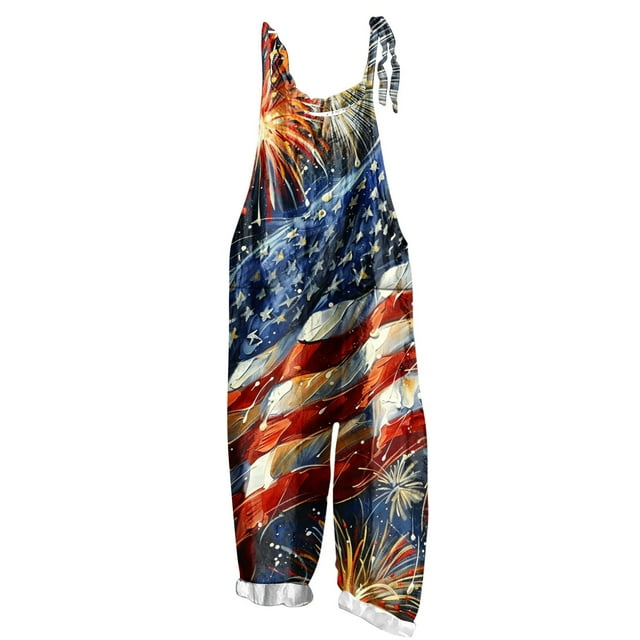 Combinaison Sans Manches à Imprimé Fête de l'Indépendance pour Femmes, Polyester, Décontractée, Deux Poches, Longueur Régulière, Bleu, pour Usage Quotidien et Vacances