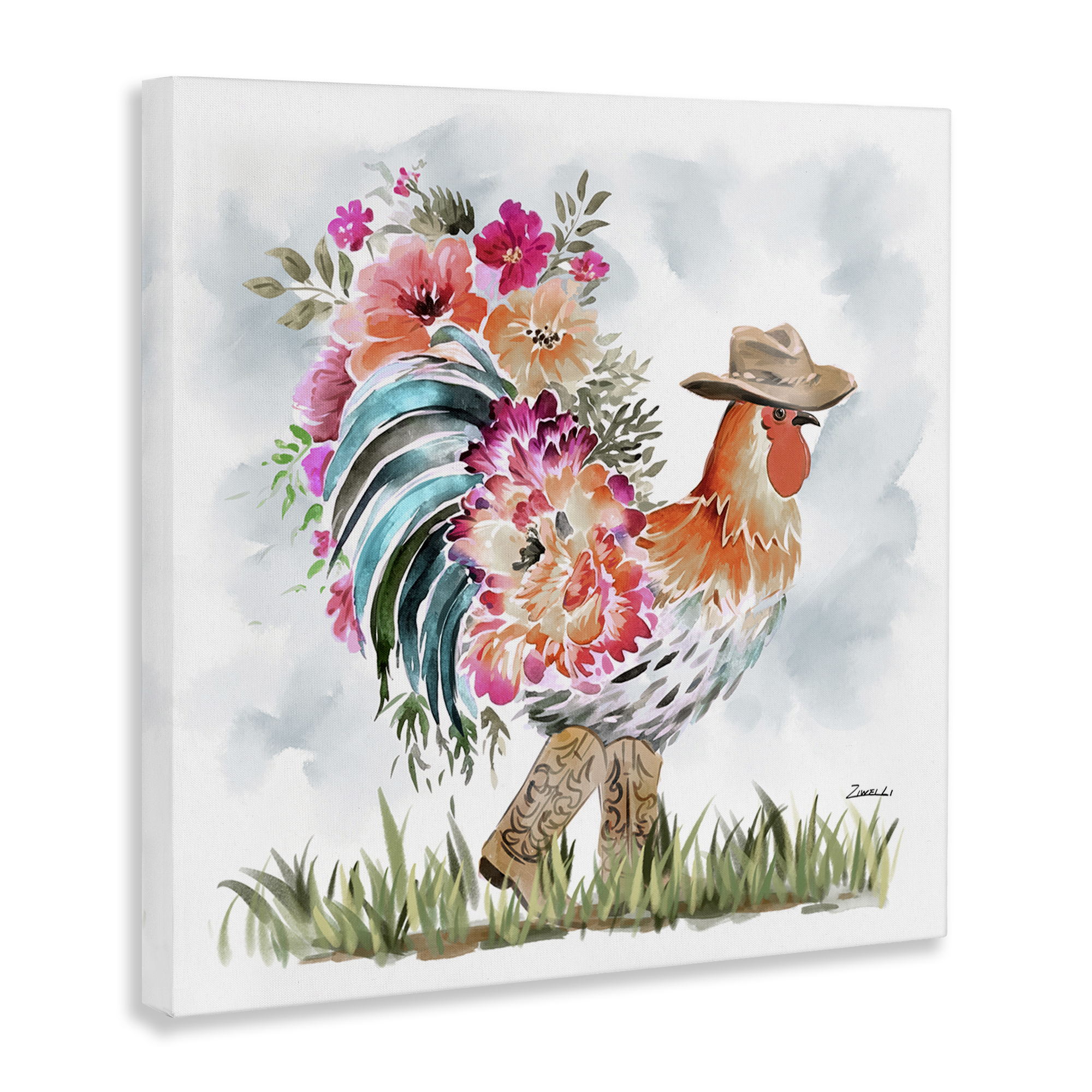 Stupell Industries Blooming Cowgirl Hen Animals & Insects Painting Gallery Wrapped Canvas Art Print Wall Art, 30 x 30