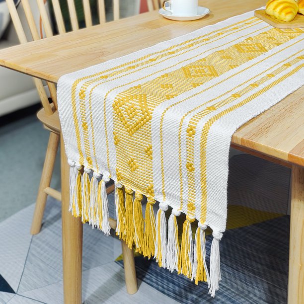 Xiao Hua 1 mantel de mesa de algodón y lino hecho a mano con borlas, mantel amarillo para mesa de té, toalla, 200 x 35 cm
