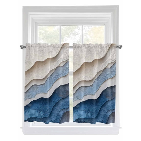 Tier Curtains 45 Inches Long, Blue Ombre Window Treatment Curtain Drapes, Modern Wave Abstract Art Small Curtain Drapes for Bathroom Laundry Room, 27.5"x45", 2 Panels