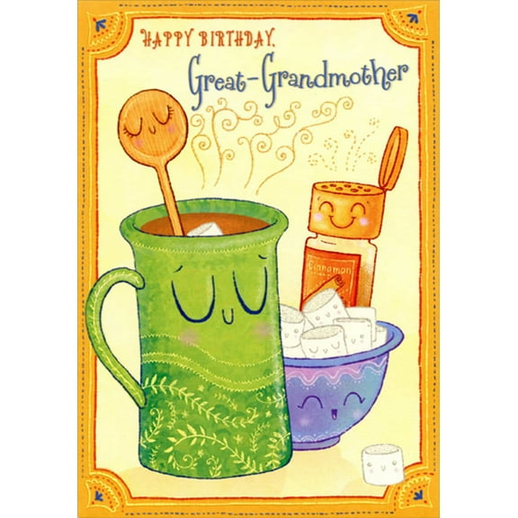 Designer Greetings Wooden Spoon in Green Mug, Marshmallows, Cinnamon Juvenile Birthday Card for Great-Grandmother from Kid / Child