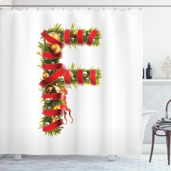 Ambesonne Christmas Alphabet Shower Curtain, F Letter Motif, 69"Wx84"L, Pearl and Olive Green