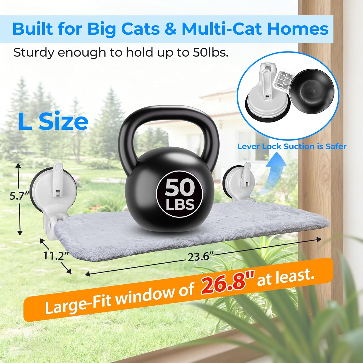 2PC Cat Window Perch with Lever Lock Suction Cups Holds up to 50 lbs Foldable & Space Saving Design Heavy Duty Window Hammock for Large or Multiple Cats (L 2Pc)