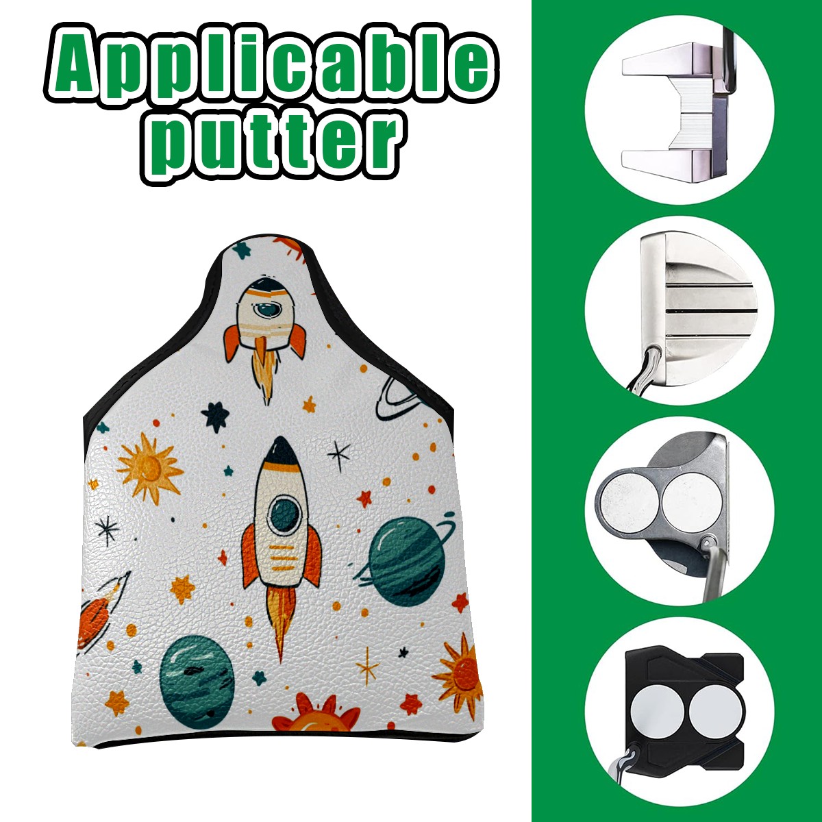 Golf Mallet Putter Cover Premium Leather Waterproof Golf Putter Head Cover with Magnetic Closure Spaceship Sun