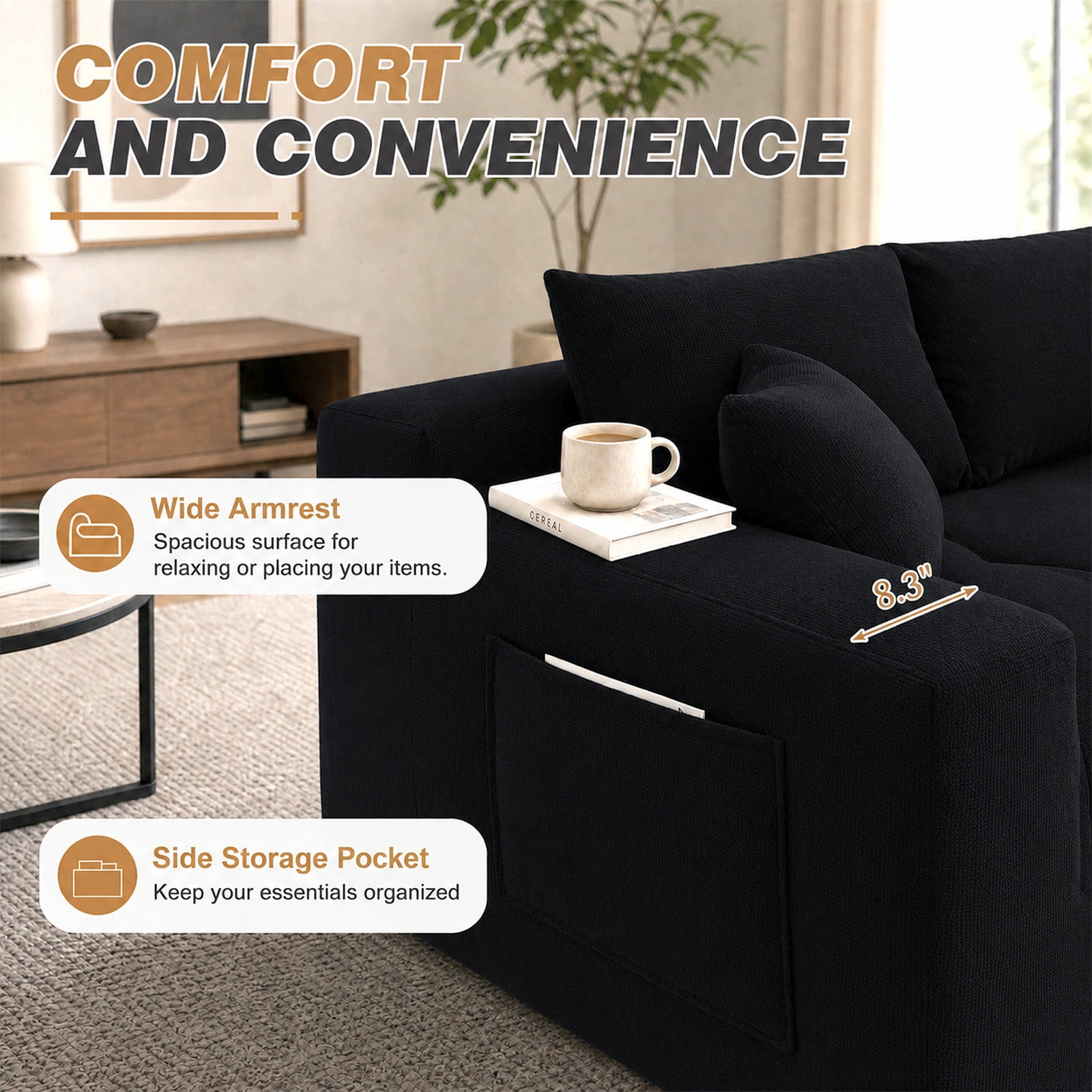 Lunale L-Shaped Modular Sectional Sofa with Left Chaise, No Assembly Required, Boneless Polyester Cloud Couch for Living Room, Black