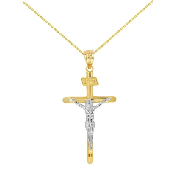 SOLID TWO TONE YELLOW GOLD AND WHITE GOLD INRI CROSS PENDANT NECKLACE ( 1.60") : 10K Pendant only