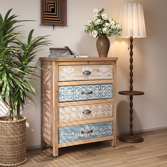AENKYO Vintage 4-Drawer Storage Chest, Distressed Wood Accent Cabinet with Boho Floral Design, Blue & Beige