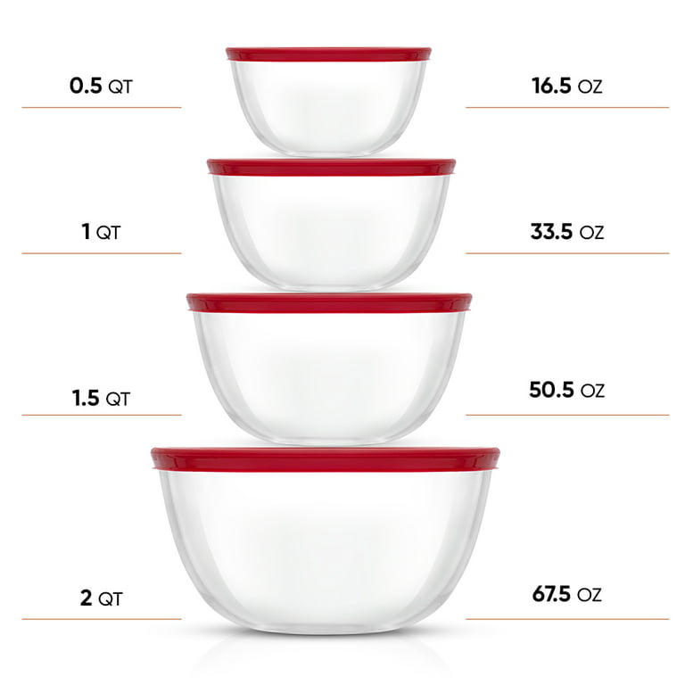 JoyJolt Kitchen Mixing Bowls - 8pc Glass Bowls with Lids Set – Neat Nesting  Bowls in 4 Sizes - Red 
