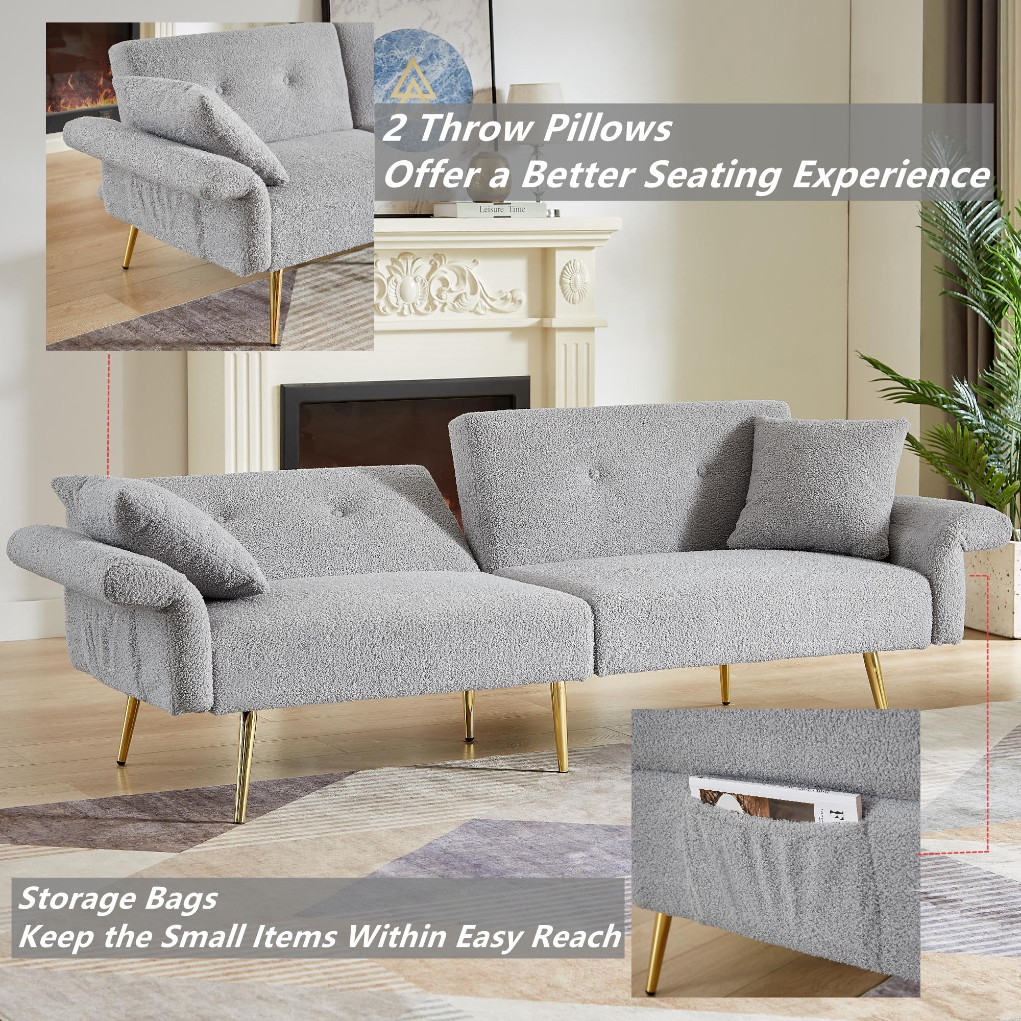 Aukfa 79" Futon Convertible Sofa Bed, Adjustable Arm, 2 Pillows&Side Pocket, Teddy Fleece, Gray