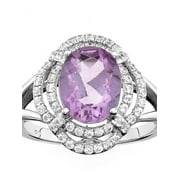 Platinum-Plated Sterling Silver Oval Double-Cut Amethyst Pave CZ Ring