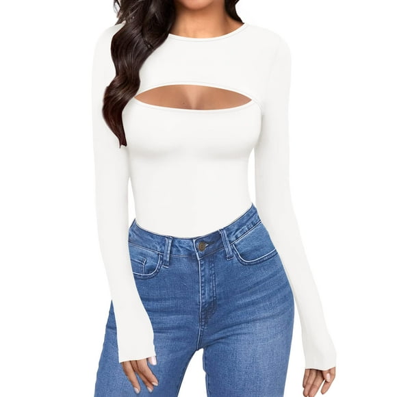 ALGALAROUND Women's Cutout Tops Basic Long Sleeve/Short Sleeve Round Neck Slim Fit T-Shirts (B Long Sleeve White X-Large)