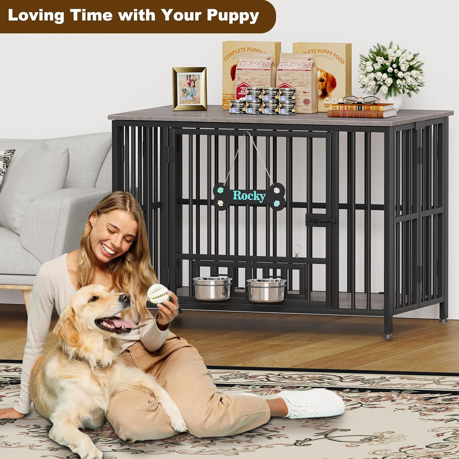 POAO 41"Dog Crate Furniture Foldable,No Assembly Dog Kennel Indoor for Large Dog(40-65 lbs),Dog Cage with Adjustable Bowls &Name Tag,End Table
