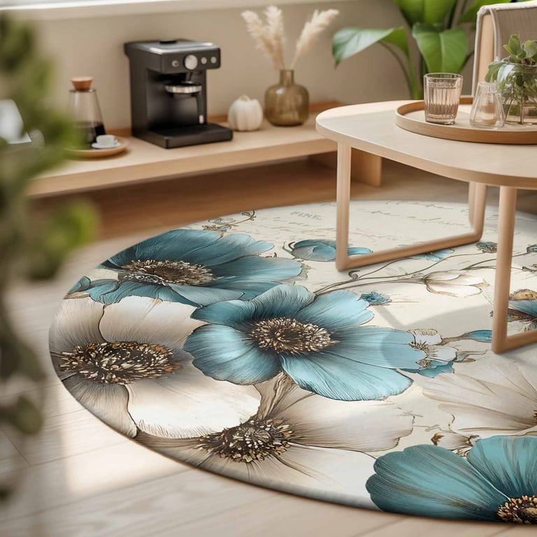 Blue White Tulip Farm Butterfly Round Rug 3ft Farmhouse Floral