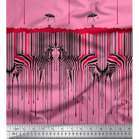 Soimoi Pink Georgette Viscose Fabric Umbrella & Wild Animal Skin Print Fabric by Yard 42 Inch Wide