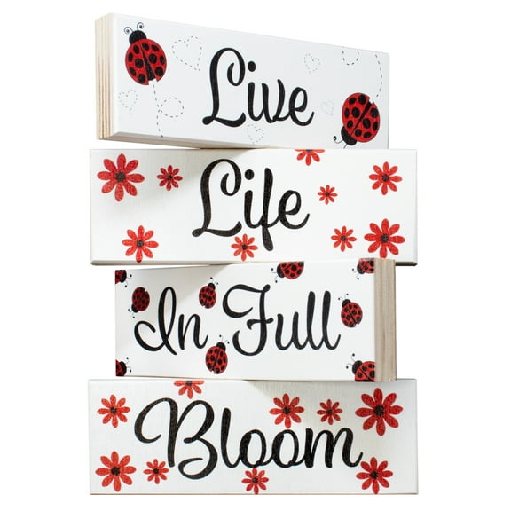 JennyGems Spring Decor Farmhouse Signs, Ladybug Tiered Tray Decor, Live Life In Full Bloom 4pc Block Sign Set