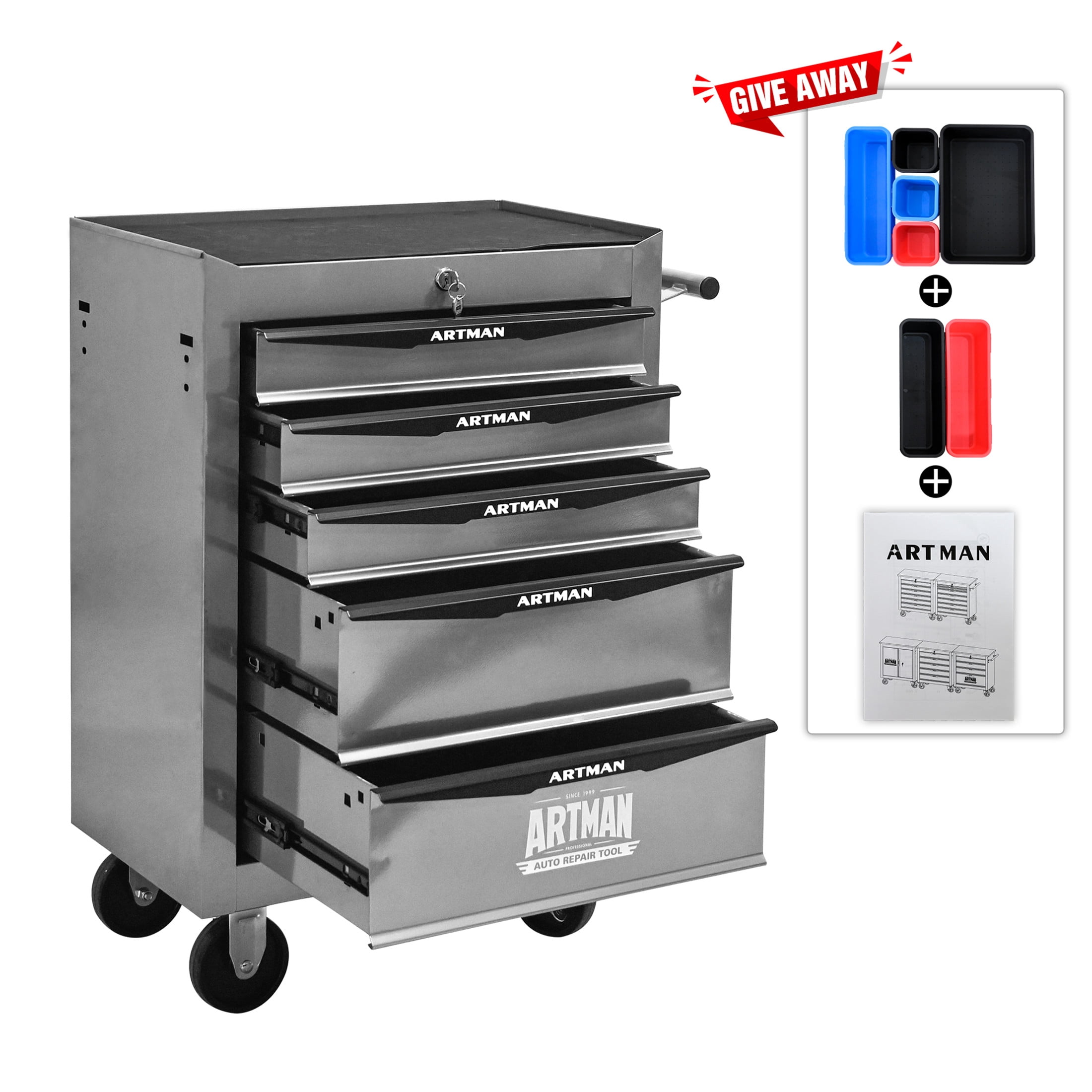 Noble House 5-Drawer Mobile Steel Tool Organizer with Key Lock, Ball Bearing Slide Storage Cabinet Box, Silver