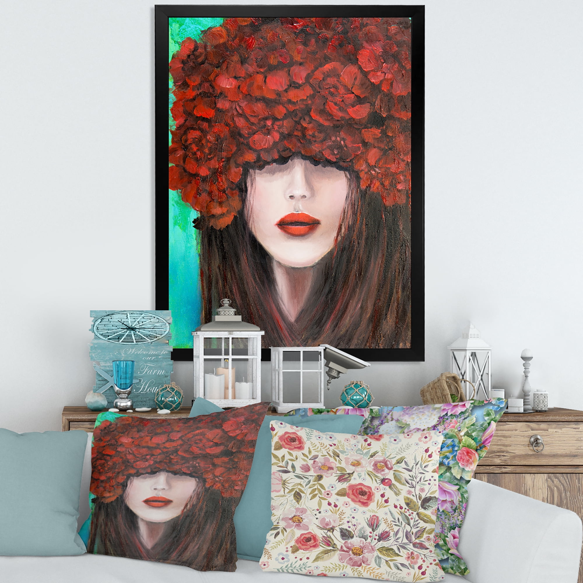 Designart 'Portrait Of A Young Lady With Red Flowers' Modern Framed Art Print