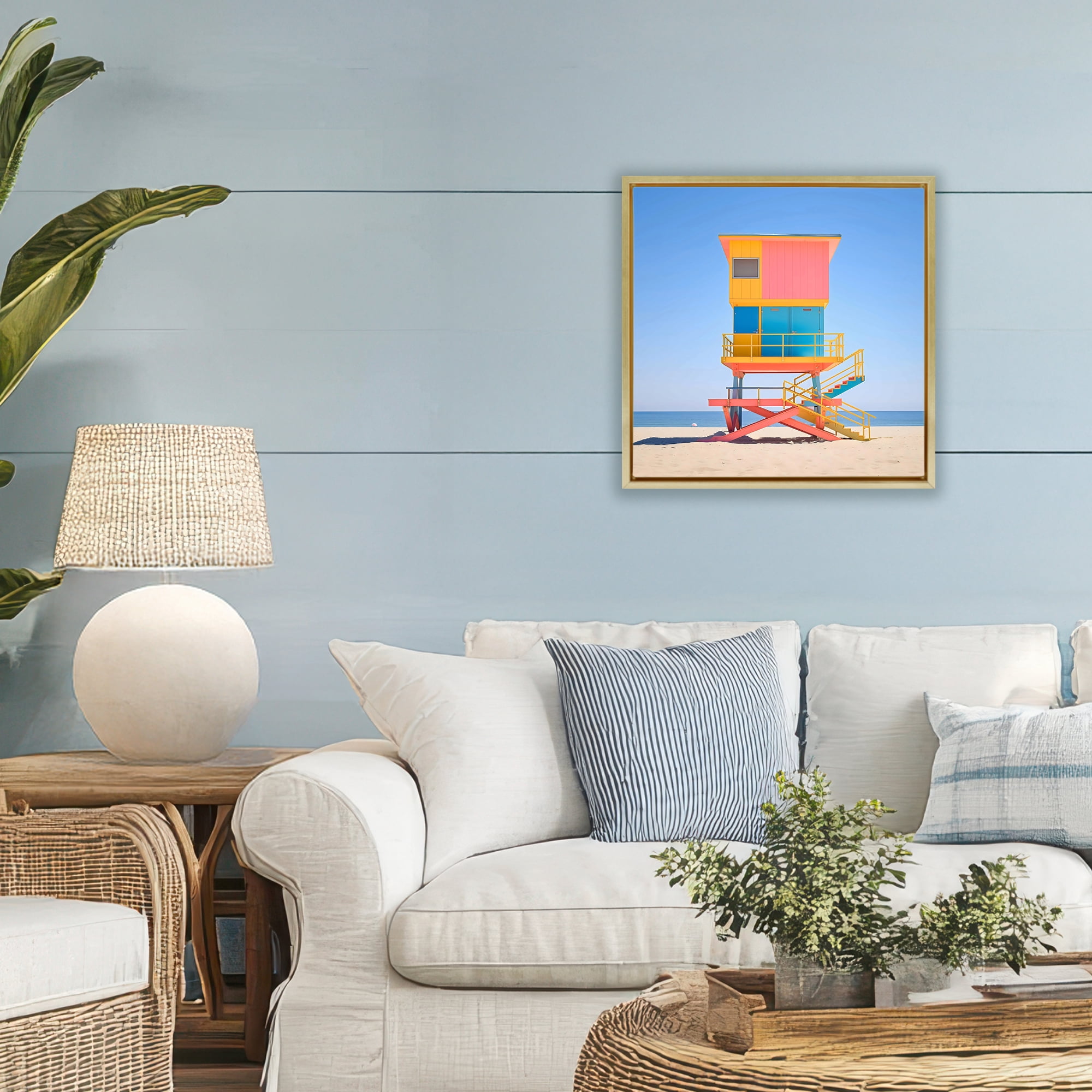Stupell Industries Deco Lifeguard Tower on Beach Gold Framed Floater Canvas Wall Art, design by Creative Studio