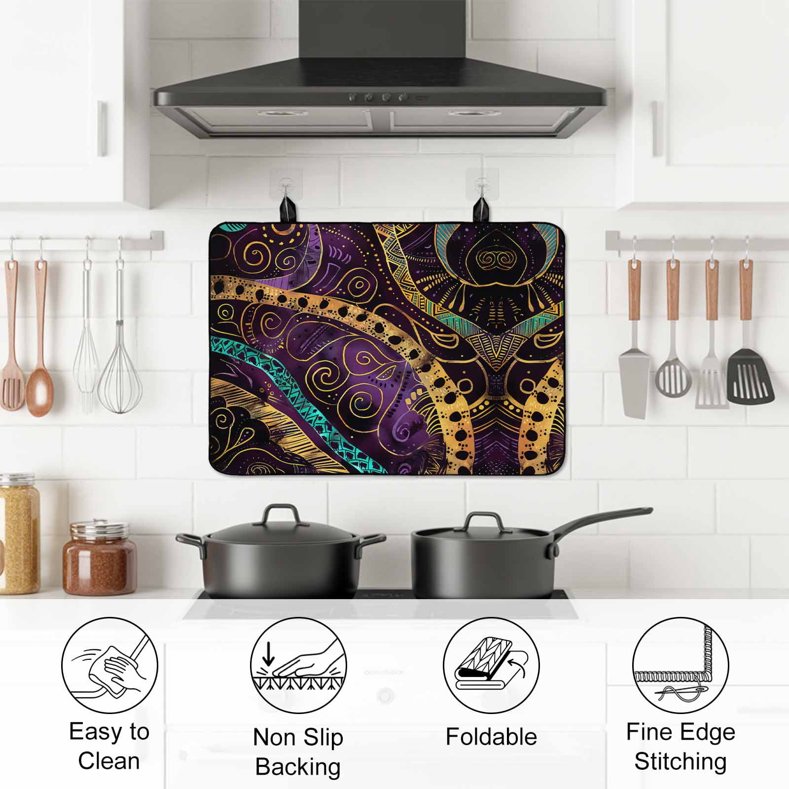 Yellow Purple Green Stove Top Cover for Electric Stove, Heat-proof & Non Slip Glass Top Stove Cover Protector, Geometric Modern Abstract Kitchen Flat Cooktop Rubber Mat 24x21 Inches