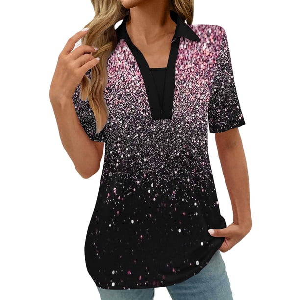 Fiudx Ofertas de La Semana Blusas Estampadas de Moda para Mujer, Camiseta de Manga Corta, Top con Cuello Vuelto