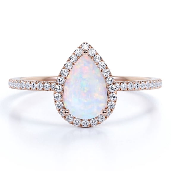 JeenMata 1.25 ct Pear Shaped Opal and Moissanite Wedding Ring in 18K Rose Gold over Silver