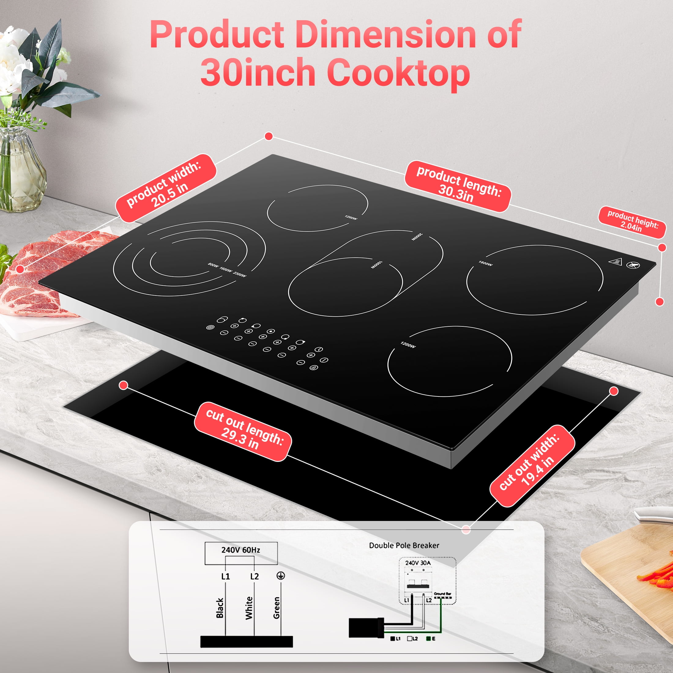 AMZCHEF 30 Inch Electric Stove Cooktop 8500W Built-in Electric Stove Cooktop with 5 Burners, Sensor Touch Control Safety Lock,220-240v, Hard Wire, No Plug