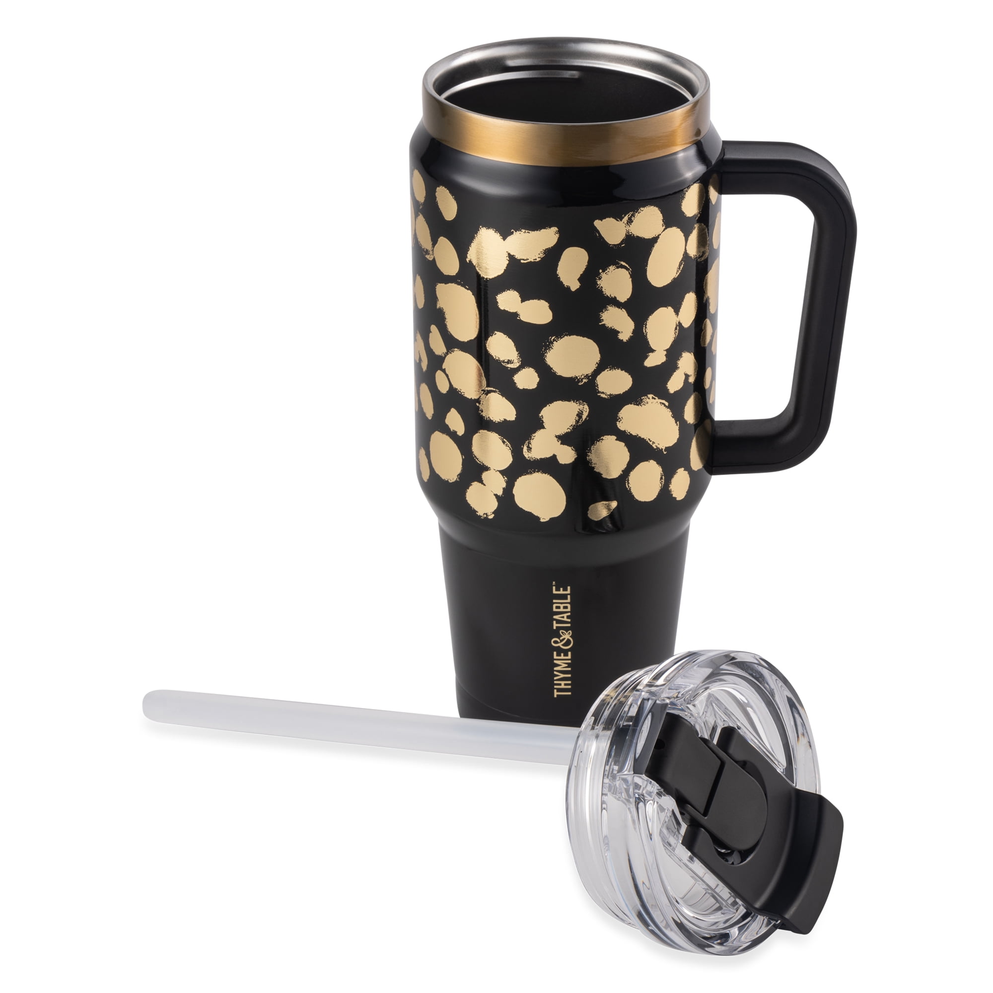 Thyme & Table 32oz Tumbler with Handle, Dual Straw Lid, Stainless Steel Double Wall Insulated, Black & Gold Dot