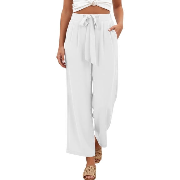 Women's High Waist Wide-Leg Cropped Pants Tie Waist Casual Dress Pants Office Work Trousers with Functional Pockets,S,White
