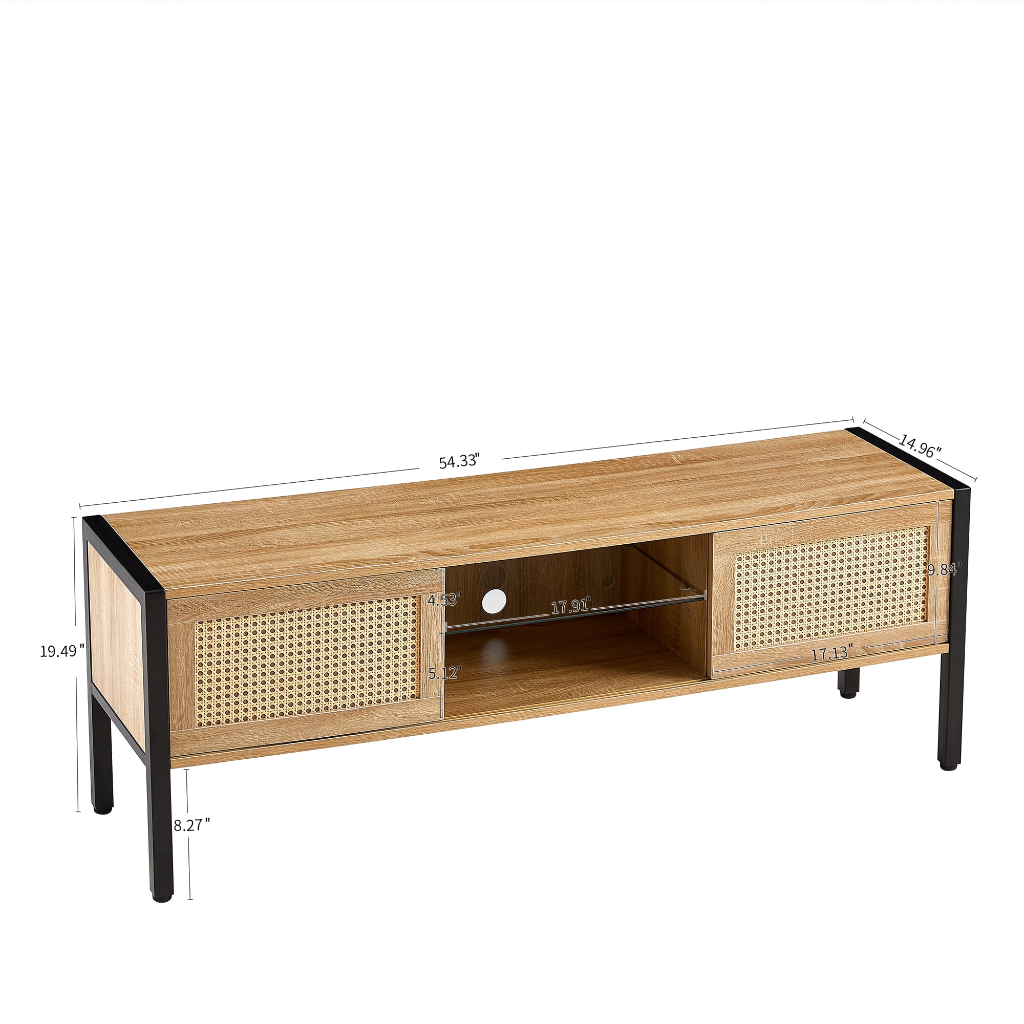 MAYEERTY 54.33" Rattan TV Cabinet with Adjustable Shelf, Variable Color Light Strip, and Metal Legs, Natural