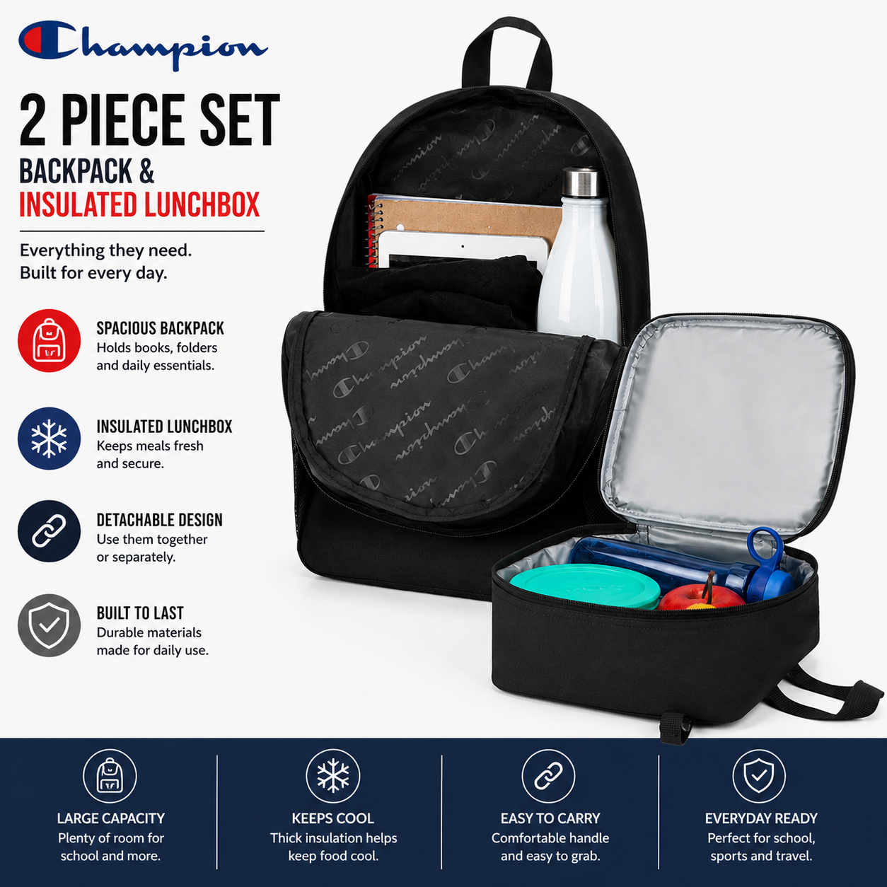 Set de mochila escolar para niños y niñas con lonchera desmontable - Paquete de 2 piezas para niños (17 pulgadas) 5