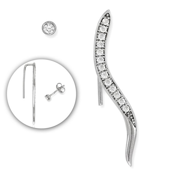 iJewelry2 Sterling Silver Channel Set Ripple Style Clear CZ Climber and One Round Bezel Set CZ Stud Earrings