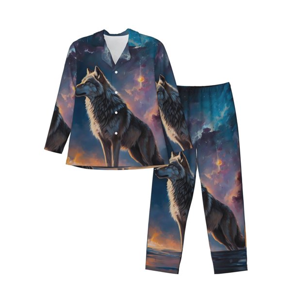 Balery Night Sky Wolf Pijama para Hombre de Dos Piezas con Manga Larga, Conjunto de Dormir y Descanso Suave con Bolsillos-XX-Large