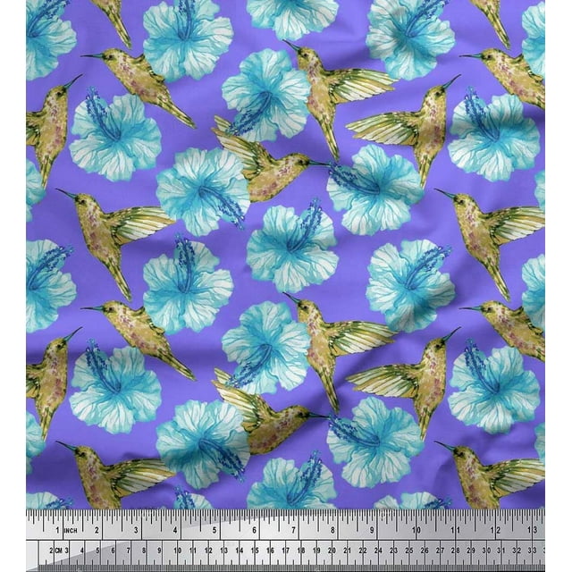 Soimoi polyester Crepe Fabric Hummingbird & Floral Printed Fabric 1 Yard 42 Inch Wide