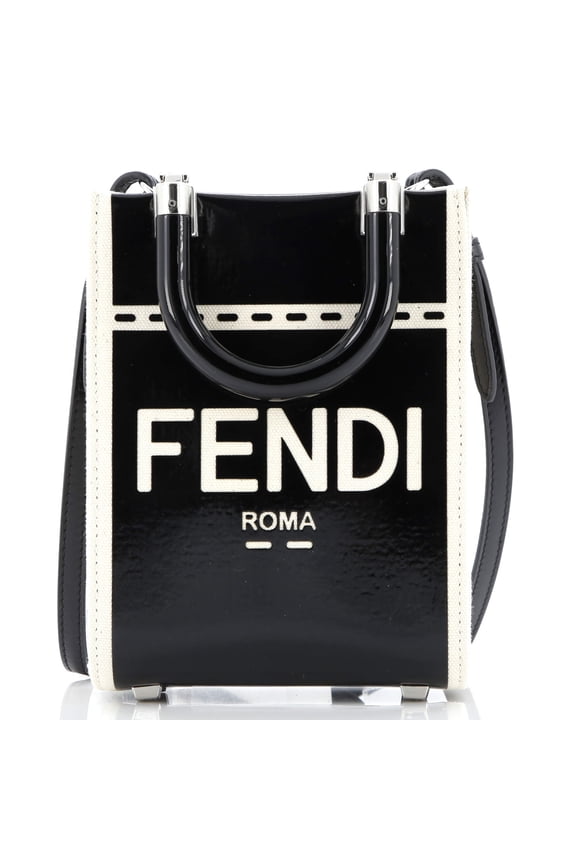 Pre-Owned Fendi Black/White Sunshine Shopper Tote Mini Shoulder Bag Patent and Canvas Mini