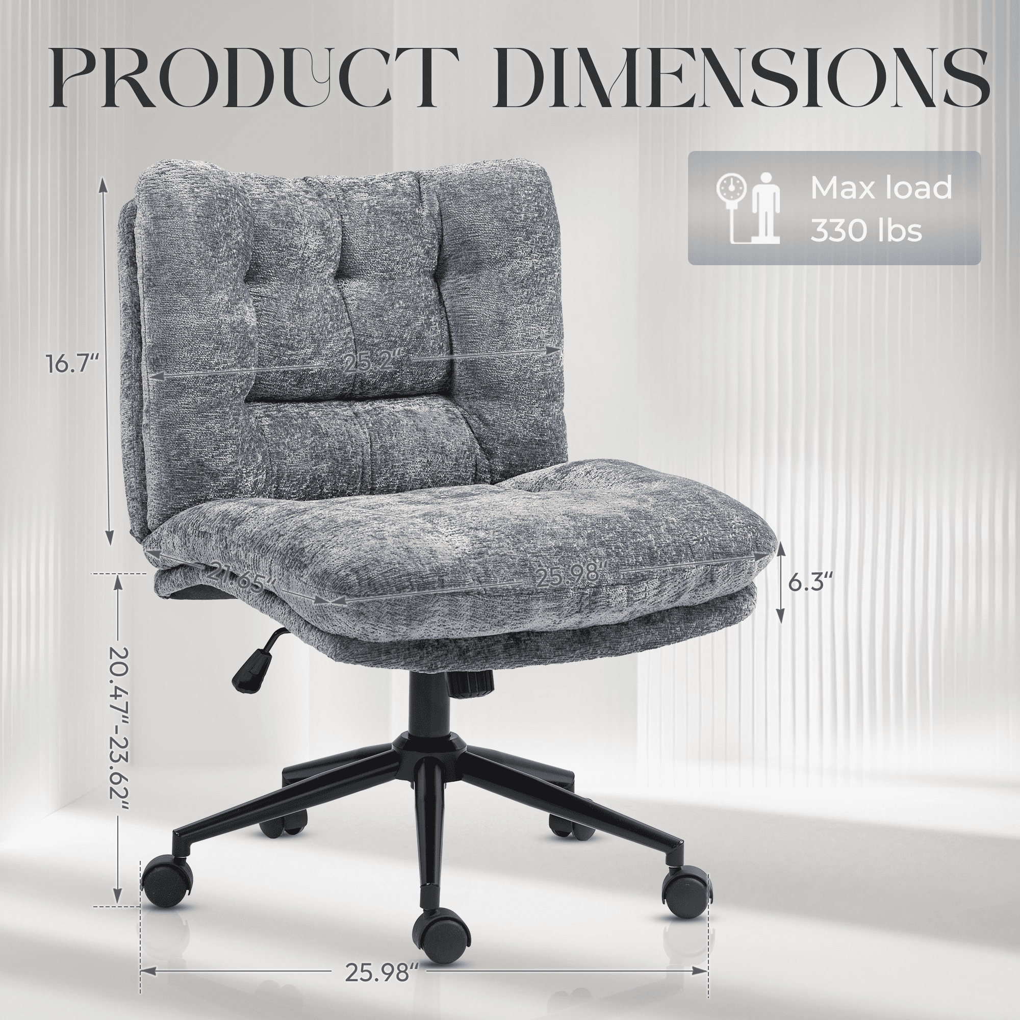 Goosea Armless Criss Cross Chairs, Premium Fabric Wide Padded Seat Office Chair，Modern Vanity Chair with Dual-Layer Cushion and Smooth-Rolling Wheels，Grey