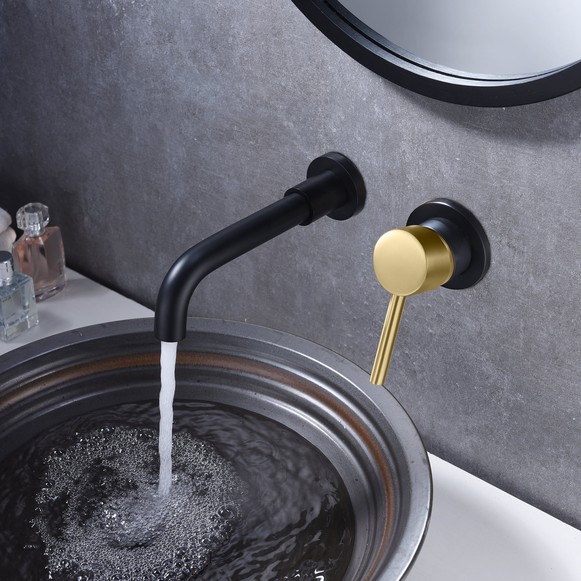 SUMERAIN Wall Mount Bathroom Faucet Black and Gold Wall Mount Faucet for Bathroom Sink, with Two Handles and Rough in Valve