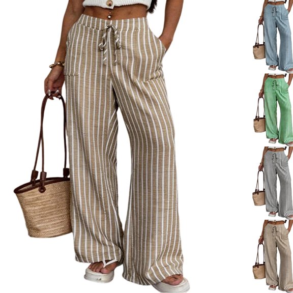 Womens Striped Linen Wide Leg Pants Drawstring Waist Loose Palazzo Pants with Side Pockets Summer Beach Boho Trousers Khaki M
