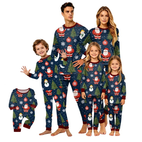 Onlypjs Family Matching Christmas Pajamas, Santa Snowman Tree Print Long Sleeve Sleepwear, Holiday Lounge Sets for Couples Women and Men