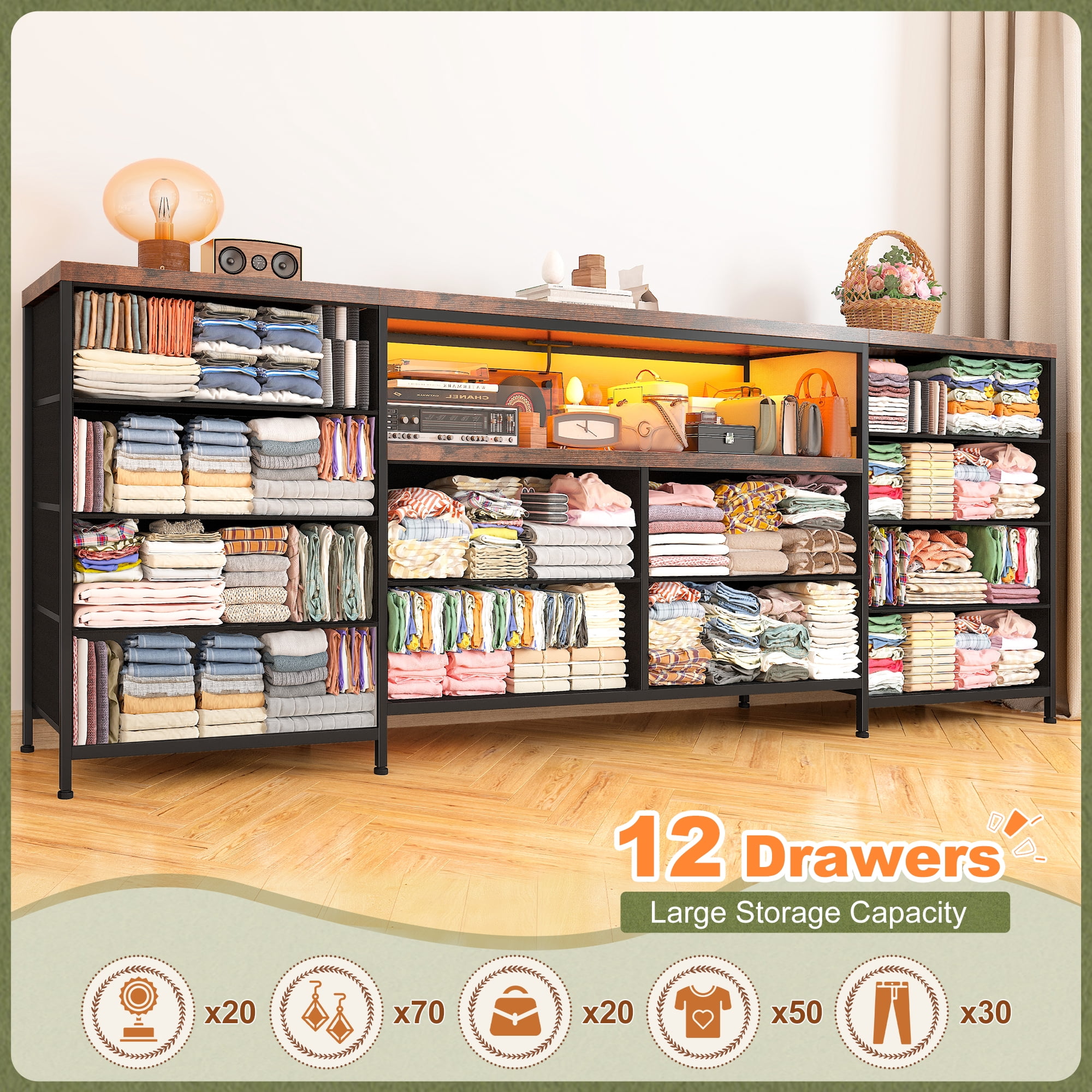 63" W 12-Drawers Dresser TV Stand for 65/70/75 Inch TVs,Entertainment Center with LED Lights & Power Outlets,Fabric Drawers for Bedroom,Living room,Rustic Brown