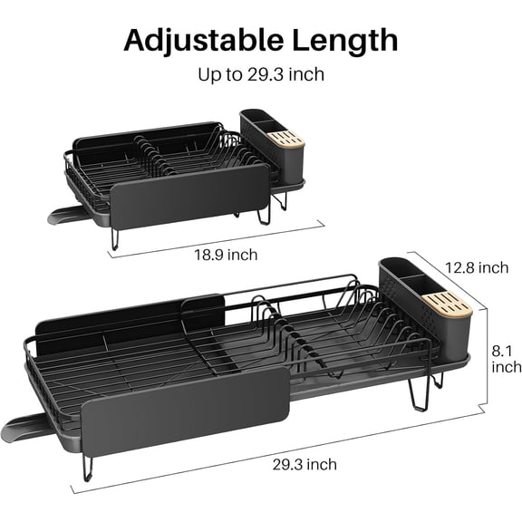 Dish Drying Rack - Large Dish Racks for Kitchen Counter, Expandable Dish Drainers with Cutlery Holder Stainless Steel Rustproof, Black