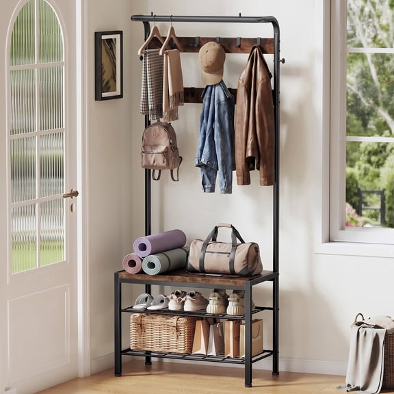 CONCETTA 4-in-1 Coat Rack Hall Tree with Shoe Bench, Shoe Storage, Removable Hooks, Hanging Rod, 13.3 x 28.3 x 72.1 Inches, Rustic Brown
