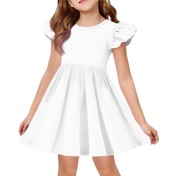 YOUYEDIAN Girls Midi Dresses Toddler Summer Casual Flutter Sleeve Princess Dress Crewneck Print A Line Dresses (White, 8-9 Years)