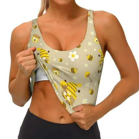 Qokaie Cute Bee Gnome 2 Pattern Womens Scoop Neck Sports Bra Breathable Workout Vest Padded U Back Medium Impact Fitness Gym Yoga Bra Workout Crop Top